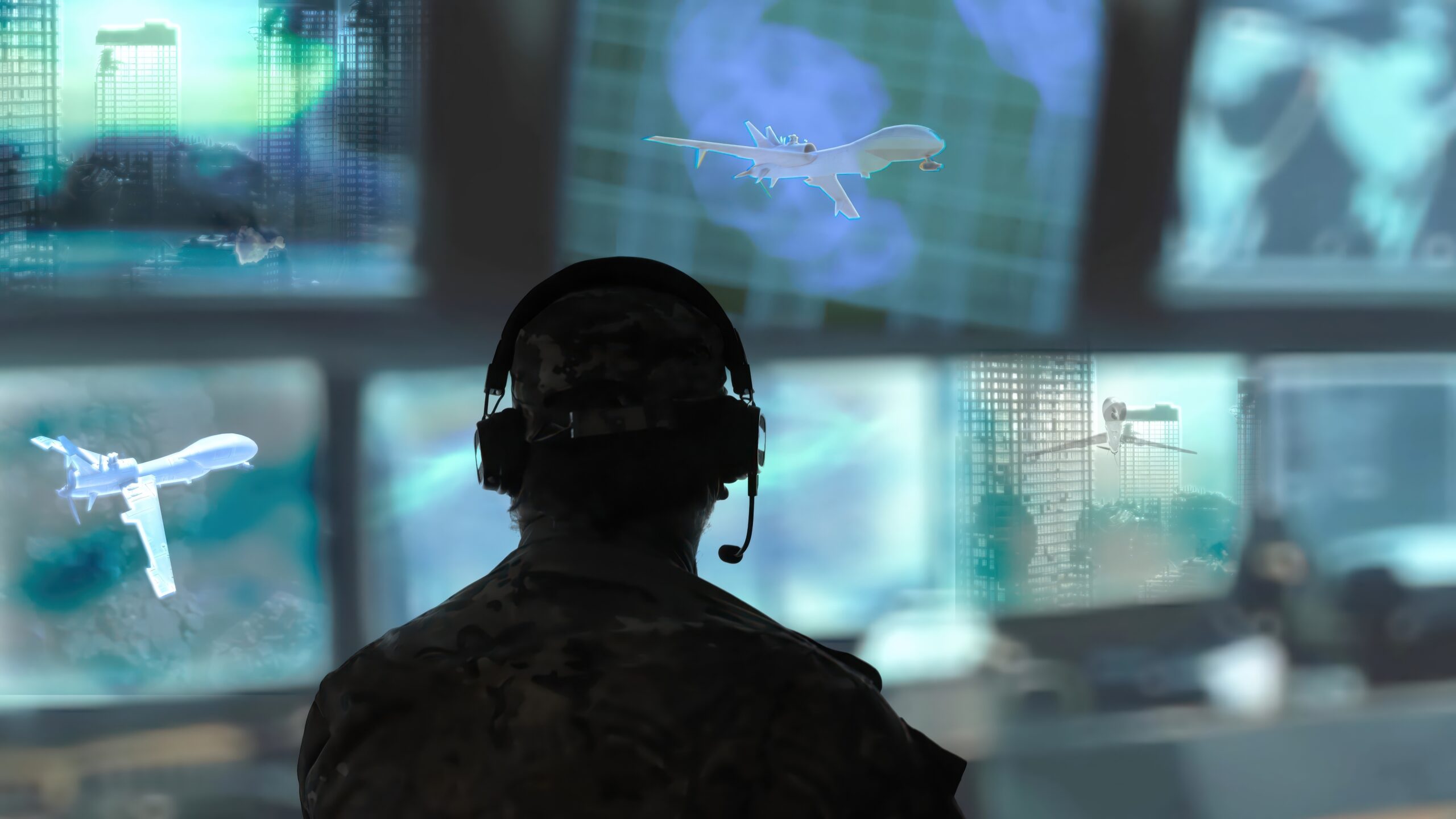 A soldier wearing camouflage gear and a helmet monitors several digital screens displaying drones, aircraft, and surveillance data in a control room.