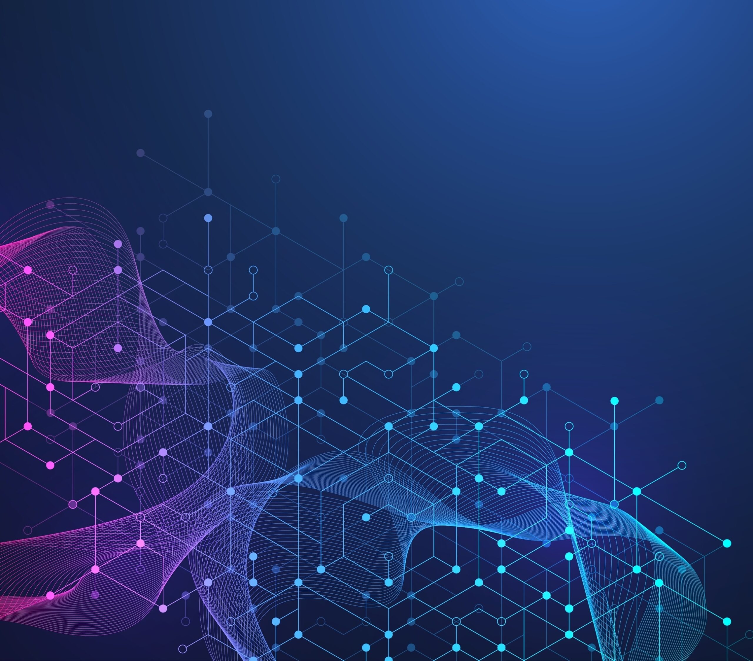 An abstract digital background composed of interconnected lines, dots, and geometric shapes in blue and pink tones on a dark gradient background, suggesting concepts of technology, data, or networks.