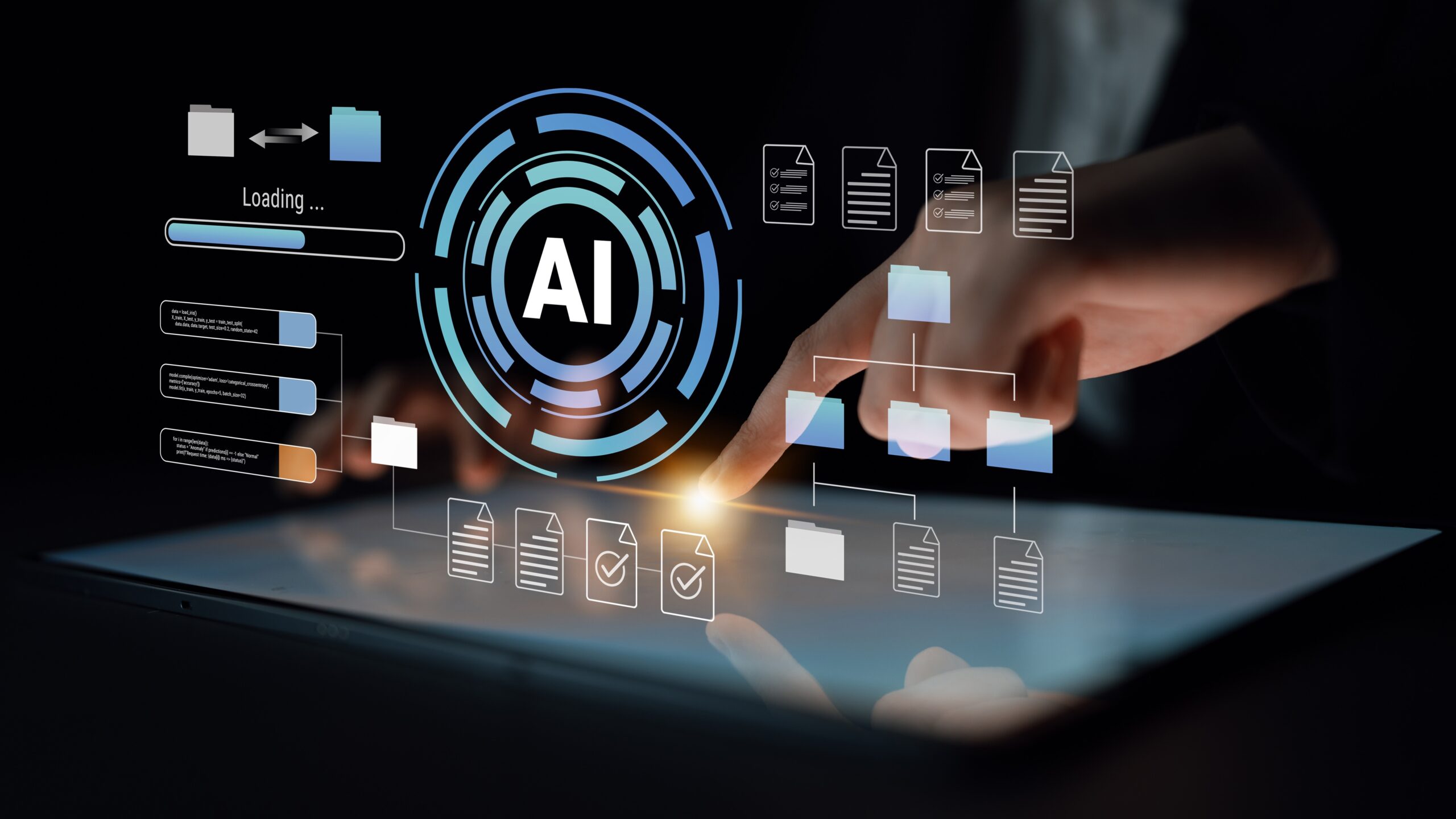 Une personne interagit avec une tablette affichant une icône AI lumineuse et des dossiers numériques, représentant l'intelligence artificielle, la gestion des données et l'automatisation du flux de travail sur un fond sombre.